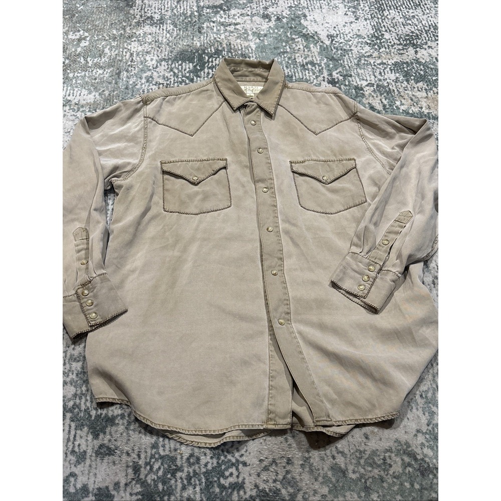 Ryan Michael Silk Cotton Blend Western Snap Shirt Men's Medium Tan Beige Luxe